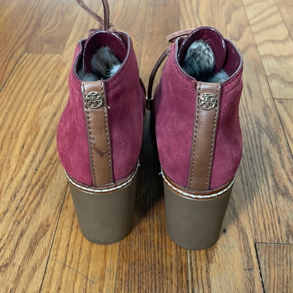 TORY BURCH Fur lined‎ Suede Heel Low Ankle Boots Red size 7.5